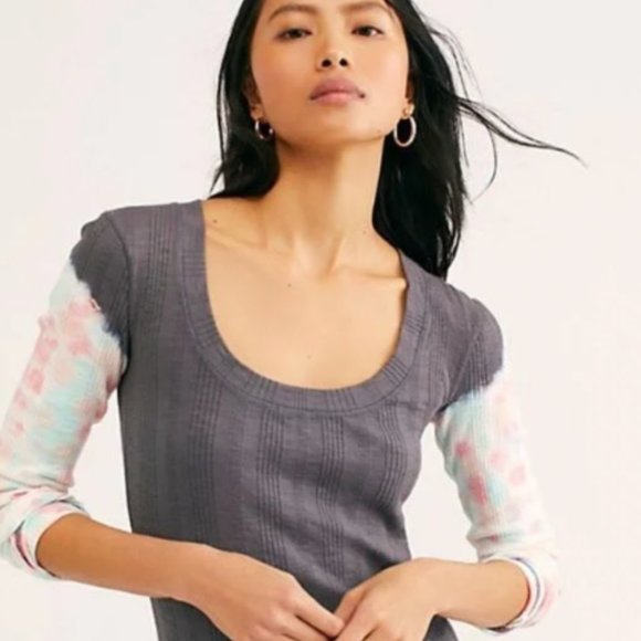 Free People Top Small Womens Blue Tie Dye Big Sur Ribbed Long Sleeve Tee Boho - Picture 1 of 6